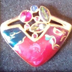 Vintage 1980! Enamel Rhinestone Brooch,Gold Tone Statement Piece/Blue,Fushia,Pur
